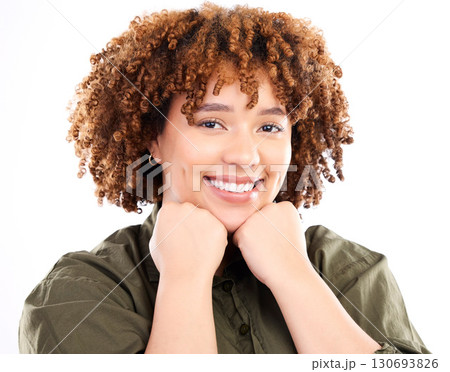 Happy, beautiful and portrait of a black woman with confidence isolated on a white background. Smile, happiness and an African girl with empowerment, smiling and confident on a studio backdrop Happy, beautiful and portrait of a black woman with confidence isolated on a white background. Smile, happiness and an African girl with empowerment, smiling and confident on a studio backdrop 130693826