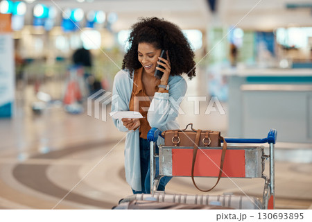 Phone call, airport and black woman with ticket for travel, luggage and suitcase for global holiday. Plane transport, communication and girl with smartphone for schedule, talking and flight details 130693895