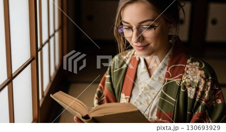 和室で読書を楽しむ眼鏡をかけた着物姿の外国人女性 130693929