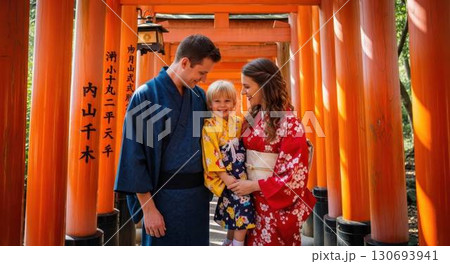 千本鳥居の前で記念撮影をする着物姿の外国人家族 130693941