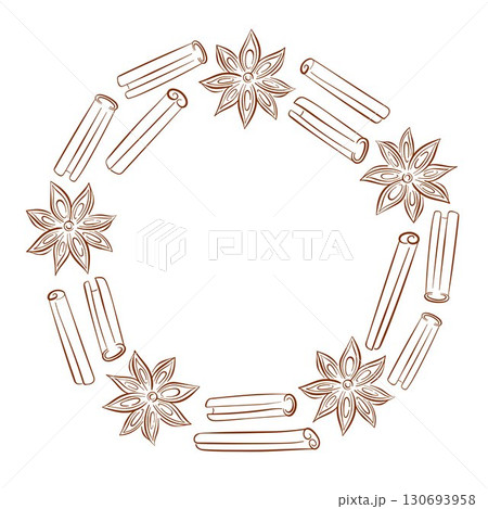 Decorative circular frame made of cinnamon sticks and star anise in line art style on a white background. Perfect for food and spice design package, card. 130693958