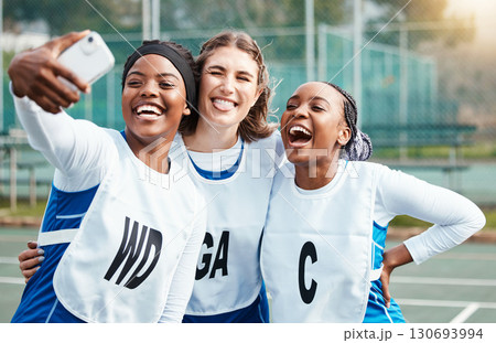 Netball team, sports selfie and women laughing or group friends in funny social media post, training update and meme. Diversity teenager or gen z in profile picture and excited for competition break 130693994