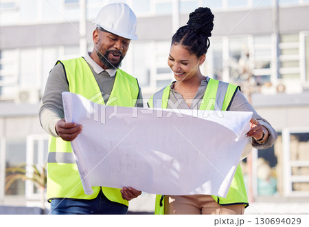 Contractor, engineering blueprint and black people with teamwork, project manager planning and collaboration. Architecture, outdoor construction worker and floor plan for urban development in city 130694029