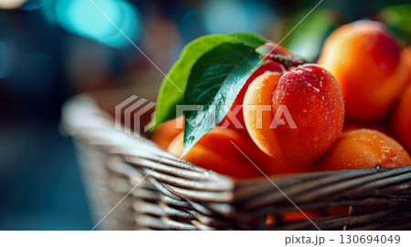 Ripe apricots with green leaves in a rustic wicker basket Ripe apricots with green leaves in a rustic wicker basket 130694049