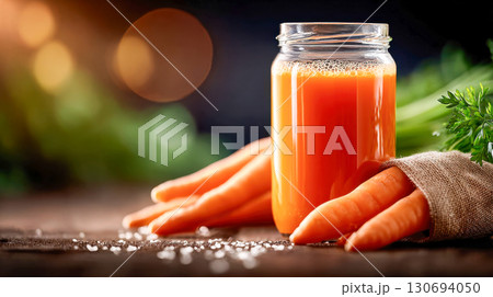 Fresh carrot juice in a glass jar with ginger root and carrots on a rustic wooden table 130694050