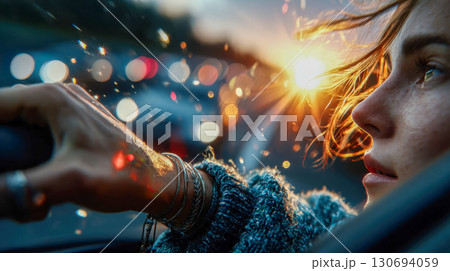 Joyful woman leaning out of a car window, hair flowing in the breeze, enjoying the freedom of the open road. 130694059