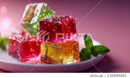 Shiny red, yellow, and pink jelly cubes stacked on a white plate with fresh mint leaves on a pink background 130694061