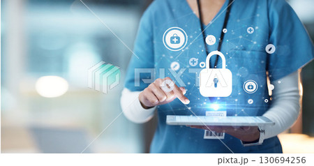 Medical cybersecurity, tablet and hands of doctor, surgeon or nurse with virtual hologram for database lock. Mockup hospital, life insurance and woman with digital archive biometric for info safety 130694256