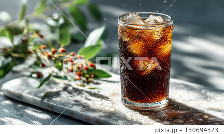 Refreshing iced black coffee with ice cubes outdoors 130694323