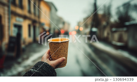 hand holds coffee cup on city street 130694339