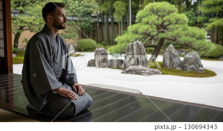 静寂の中で精神を統一する和装の男性 130694343
