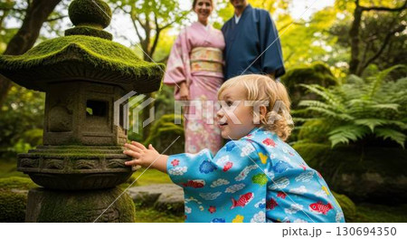 日本庭園で苔むした石灯籠に興味津々の着物姿の子供 130694350