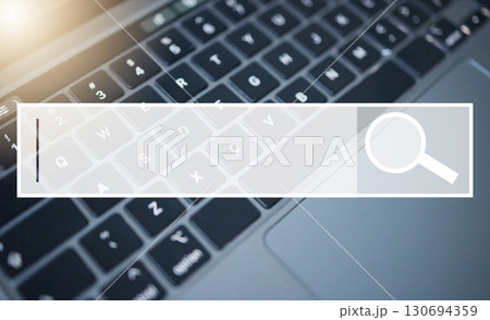 Laptop, keyboard and search bar for research, question or query on information, data or knowledge on website, internet or app. IoT computer for browsing, online lookup, inquiry or web on mockup 130694359