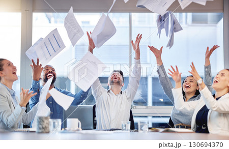 Office, celebrate or happy people throw documents, financial paperwork or portfolio for business profit, investment growth or success. Bank cheers, meeting and finance group excited for revenue 130694370