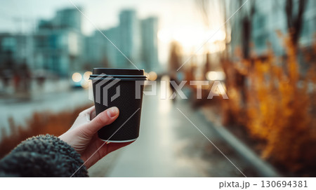 hand holds black coffee cup during city walk hand holds black coffee cup during city walk 130694381