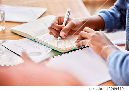 Meeting, discussion and team planning a project while writing creative notes in the office. Collaboration, teamwork and people brainstorming with notebooks while working on report in the workplace. 130694394