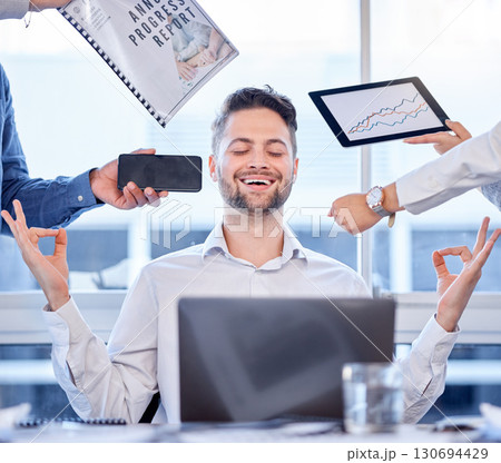 Relax, lotus and business man in office meditation for time management, office balance or peace at his desk. Calm worker, happy person or manager stress relief on technology, documents or chaos hands 130694429