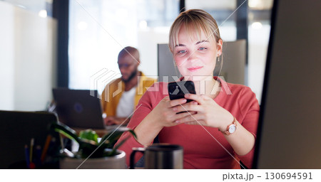 Phone, networking and a business woman at work on her computer for a schedule update in the office. Contact, search and communication with a young employee in the workplace for mobile lead generation Phone, networking and a business woman at work on her computer for a schedule update in the office. Contact, search and communication with a young employee in the workplace for mobile lead generation 130694591