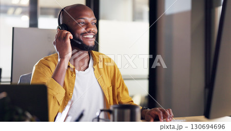 Customer service communication, office and happy black man consulting in startup callcenter, help desk or telemarketing. Contact center, technical support advisor or agent networking on consultation Customer service communication, office and happy black man consulting in startup callcenter, help desk or telemarketing. Contact center, technical support advisor or agent networking on consultation 130694696