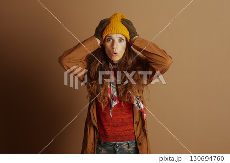 Woman Expresses Shock in Warm Autumn Attire 130694760