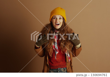 Excited Woman Gesturing in Warm Autumn Wear 130694761