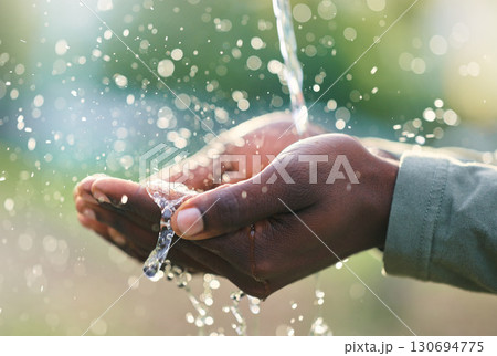 Hands, splash and man with water in nature for outdoor washing, cleaning or body hygiene. Natural, organic and African male hand with aqua to wash or clean to prevent germs, dirt or dust outside. Hands, splash and man with water in nature for outdoor washing, cleaning or body hygiene. Natural, organic and African male hand with aqua to wash or clean to prevent germs, dirt or dust outside. 130694775