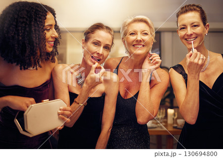 Beauty, makeup and friends in bathroom at event, girlfriends getting ready in mirror for party or opera concert. Cosmetics, diversity and women at theater, fashion show or celebration at luxury venue Beauty, makeup and friends in bathroom at event, girlfriends getting ready in mirror for party or opera concert. Cosmetics, diversity and women at theater, fashion show or celebration at luxury venue 130694800