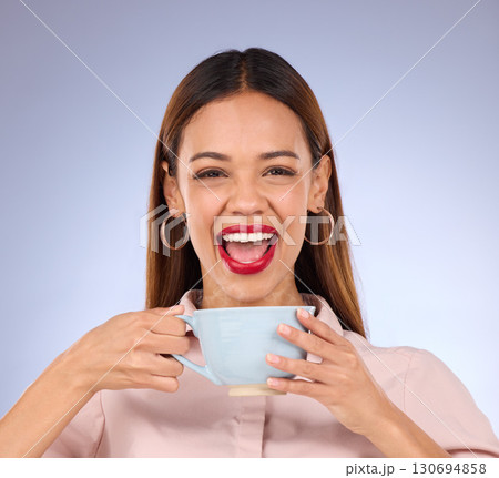 Happy, smile and coffee with portrait of woman for relax, lunch break and peace. Cappuccino, latte and caffeine beverage with girl and cup for cafe, restaurant and inspiration in studio background Happy, smile and coffee with portrait of woman for relax, lunch break and peace. Cappuccino, latte and caffeine beverage with girl and cup for cafe, restaurant and inspiration in studio background 130694858