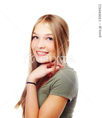 Beauty, portrait and young teenager in studio smiling and happy isolated against a white background. Face, happiness and confident blond female model or girl with skincare makeup on her skin 130694922