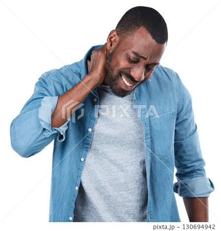 Ouch. Burnout, stress and neck pain by a man feeling hurt isolated against a studio white background. Frustrated, male with an injury and inflammation due to pressure and wellness crisis or problem. Ouch. Burnout, stress and neck pain by a man feeling hurt isolated against a studio white background. Frustrated, male with an injury and inflammation due to pressure and wellness crisis or problem. 130694942