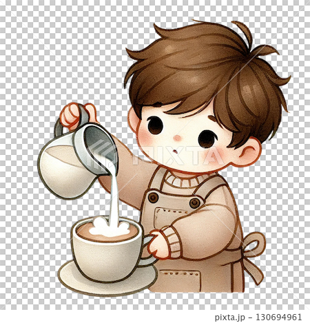 A cute child pouring milk into a cup of hot chocolate. 130694961