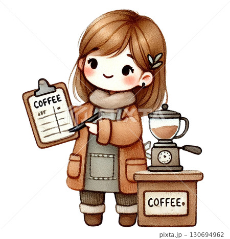 A cute coffee shop illustration featuring a cheerful barista. 130694962
