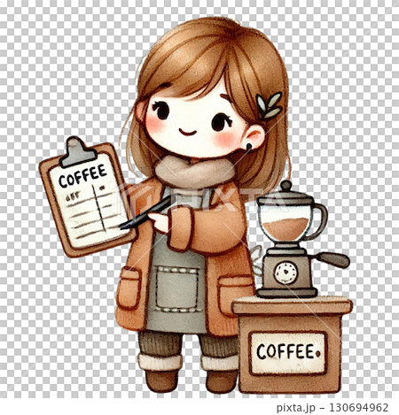 A cute coffee shop illustration featuring a cheerful barista. 130694962