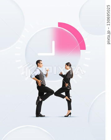 Creative digital artwork. Business colleagues drinking coffee break in front of giant clock icon Creative digital artwork. Business colleagues drinking coffee break in front of giant clock icon 130695025