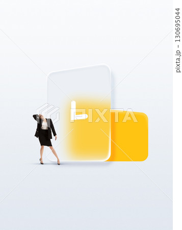 Bold colorful poster. Businesswoman leaning on oversized digital clock icon in surreal design Bold colorful poster. Businesswoman leaning on oversized digital clock icon in surreal design 130695044