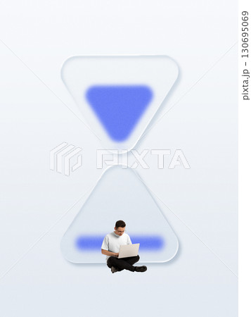 Man working on laptop under futuristic arrow icons in minimal interface collage 130695069