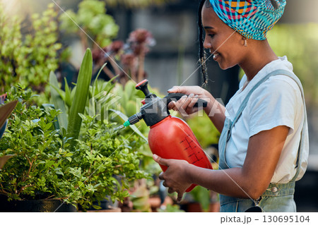 Water, plants or happy black woman gardening in small business store for healthy leaf or organic flowers growth. Irrigation, agro worker or entrepreneur watering floral agriculture smiles with pride 130695104