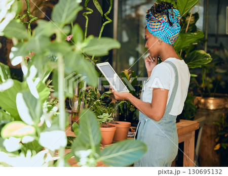 Tablet, small business or black woman with plants research for agriculture development or agro management. Digital app, store manager or entrepreneur working on quality floral sustainability online Tablet, small business or black woman with plants research for agriculture development or agro management. Digital app, store manager or entrepreneur working on quality floral sustainability online 130695132