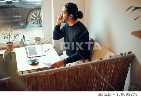 Startup, cafe or business man with phone call in coffee shop for SEO planning, life insurance or strategy. Remote work, documents or male on smartphone for communication or telemarketing networking Startup, cafe or business man with phone call in coffee shop for SEO planning, life insurance or strategy. Remote work, documents or male on smartphone for communication or telemarketing networking 130695278