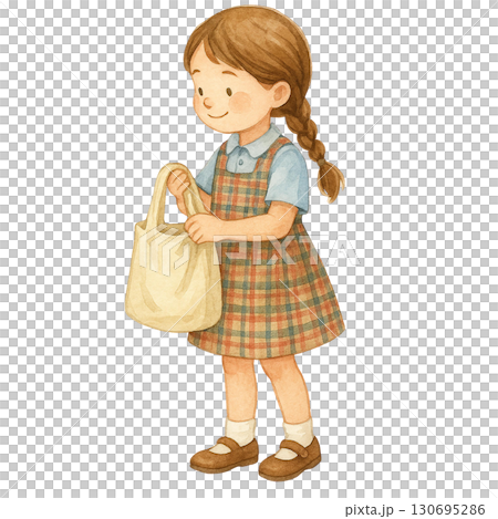 A cheerful girl with a bag, ready for an adventure. 130695286