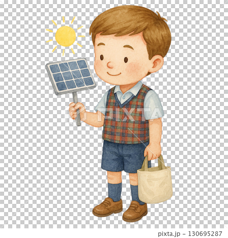 A child holds a solar panel, symbolizing renewable energy. 130695287