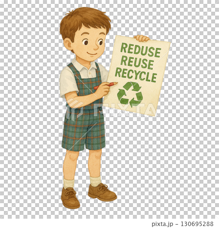 A child promotes recycling with a sign: Reduce, Reuse, Recycle. A child promotes recycling with a sign: Reduce, Reuse, Recycle. 130695288