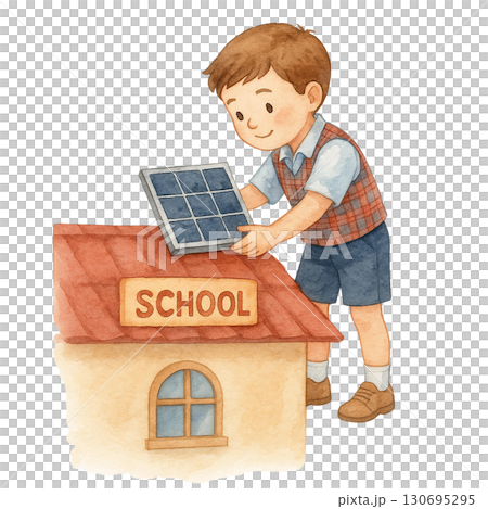 A young boy installs a solar panel on a school rooftop. 130695295