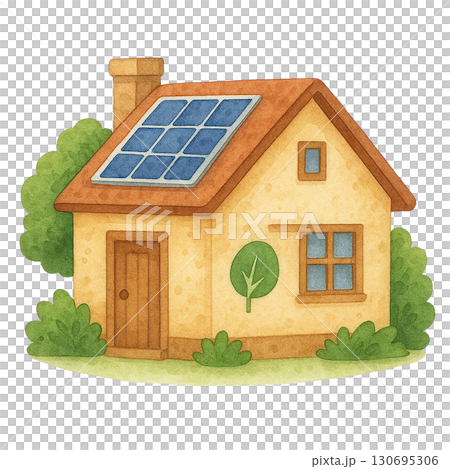 Eco-friendly house with solar panels surrounded by greenery. 130695306