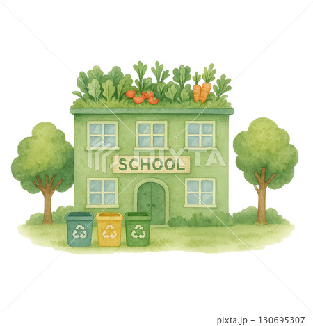 Eco-friendly school building surrounded by lush greenery and bins. 130695307