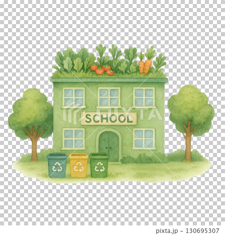 Eco-friendly school building surrounded by lush greenery and bins. 130695307