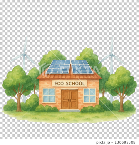 Eco-friendly school with solar panels and wind turbines, nature. Eco-friendly school with solar panels and wind turbines, nature. 130695309