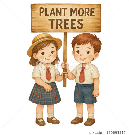 Two children holding a sign encouraging tree planting. 130695315
