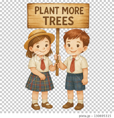 Two children holding a sign encouraging tree planting. 130695315