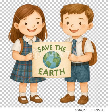 Two children promote environmental conservation with a sign. 130695316